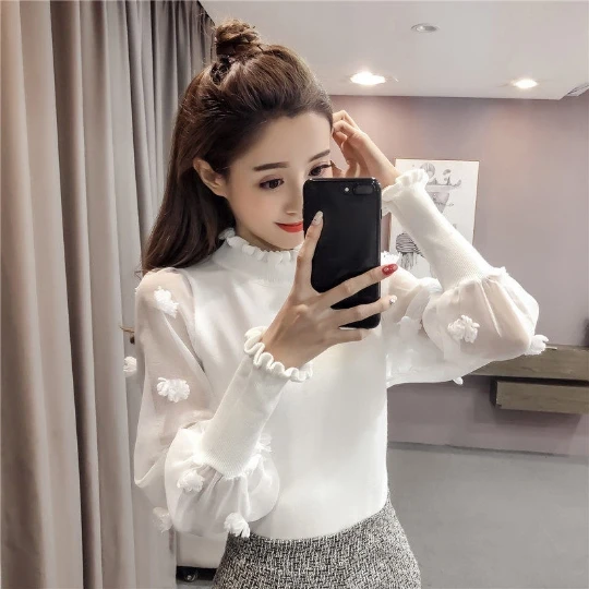 

White OL Chiffon Long Sleeve Loose Tops Slim Woman Pullover Knitted Sweater Jumper Spring Top Cloth Clothes for Women Girl Lady