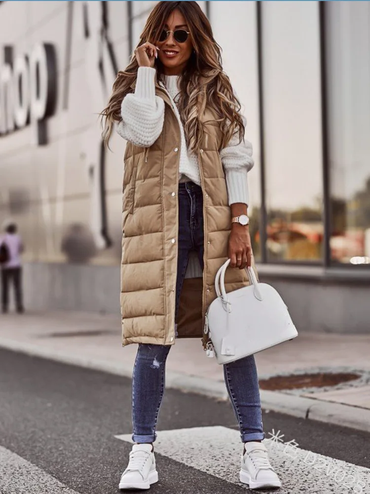 

Women Coat Solid Color Hooded Single-breasted Long Cotton-padded Jacket Vest Slim Temperament Cardigan Coat Warm In Autumn