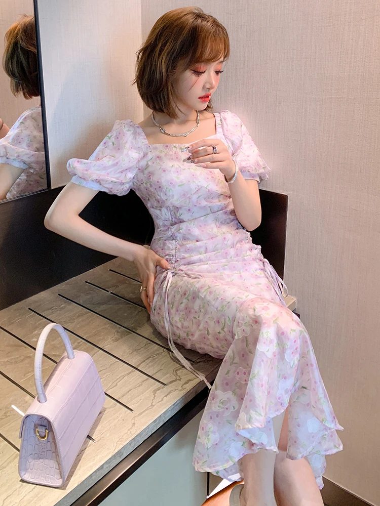 Миуко Бог! Свободное платье с нежным принтом и завязками на талии рыбий хвост [на