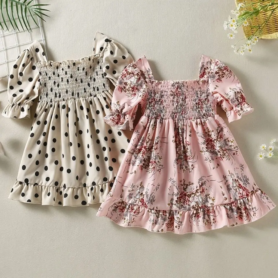 

Kids Girls Dot Print Dress 2022 New Arrival Baby Girls Pink Floral Print Summer Dresses Children Princess Pleated Casual Dress