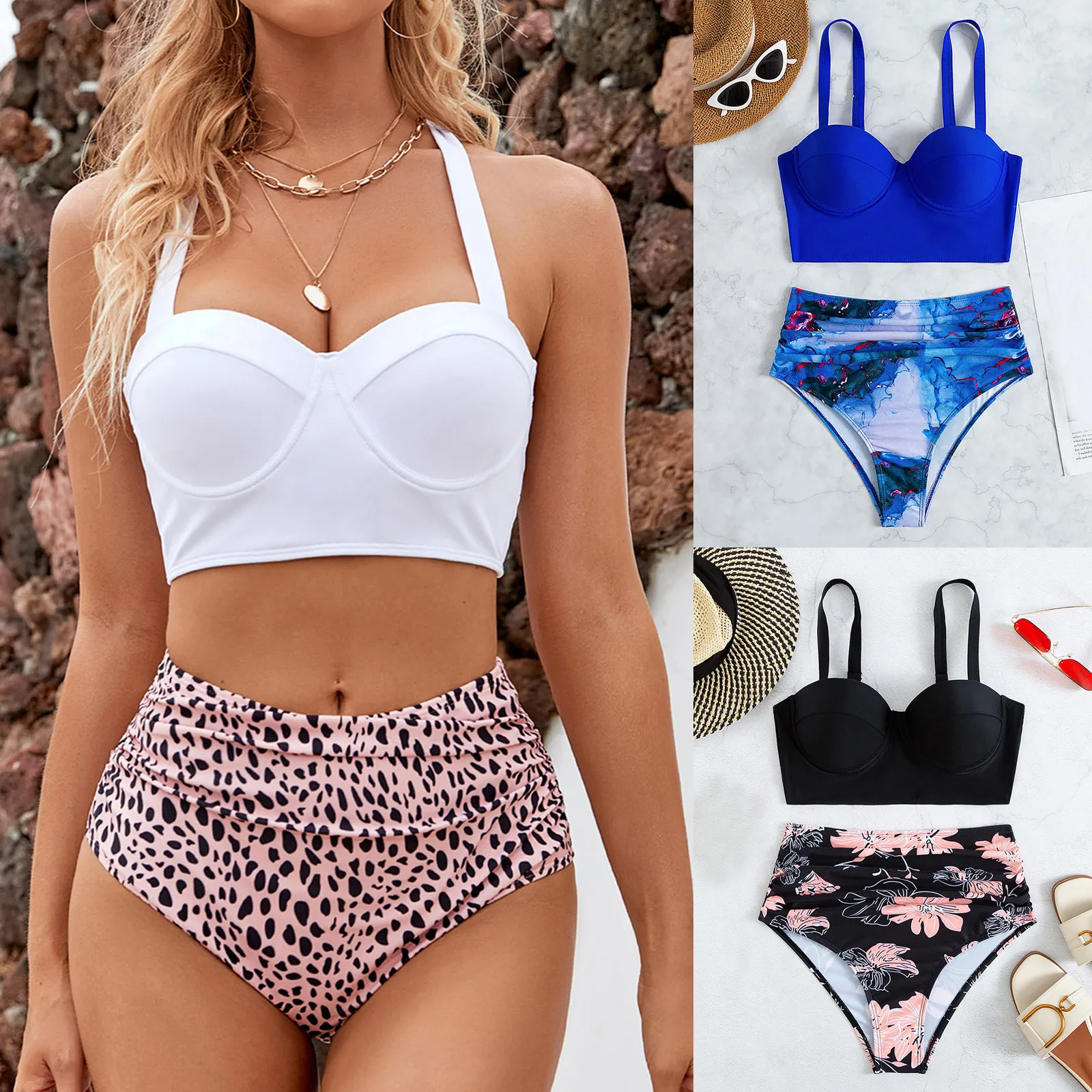 

Women Vintage Solid Push Up Bikini Swimsuit Two Piece Retro Halter Wrap Front High Waist Crop Tops+Shorts Two Piece Swimwear