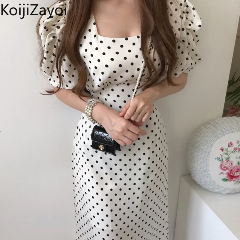 

Koijizayoi Vintage Women Polka Dot Maxi Dress Lace Up Lady Chic Korean Dresses Female Summer Fashion Short Sleeves Vestidos 2022