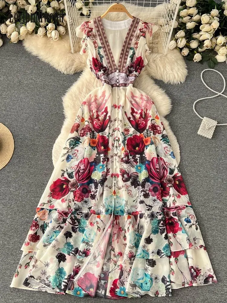 

2023 Summer Runway Sleeveless Deep V Neck Cake Fairy Long Dress Women Gorgeous Flower Print Chiffon Ruffles Boho Maxi Vestidos