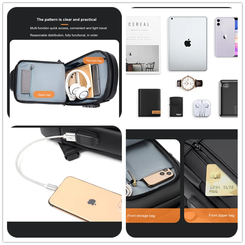 JEEP BULUO Men's Waterproof USB Crossbody Oxford Bag Anti-theft Shoulder Sling Bag Short Travel Messenger Chest Pack For Male