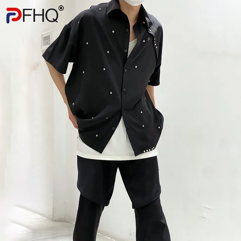 

PFHQ Original Rivet Metal Decorate Design Men's Causal Short Sleeve Tops High Quality Elegant Street Wear 2023 Summer Shirts New