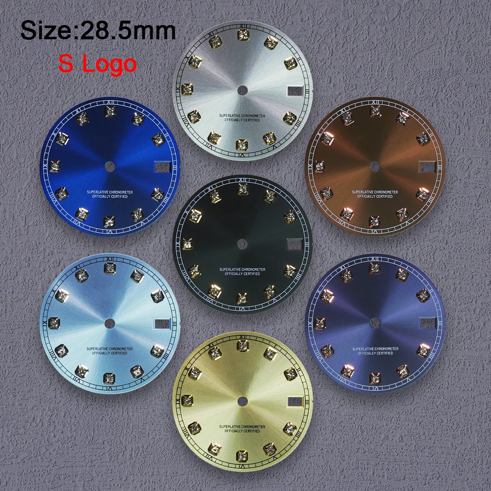 Фото Nh35 Dial S Logo 28,5 мм Алмазный циферблат без светящегося подходит для механизмов NH35 NH36 Инструмент для ремонта аксессуаров для часов №1
