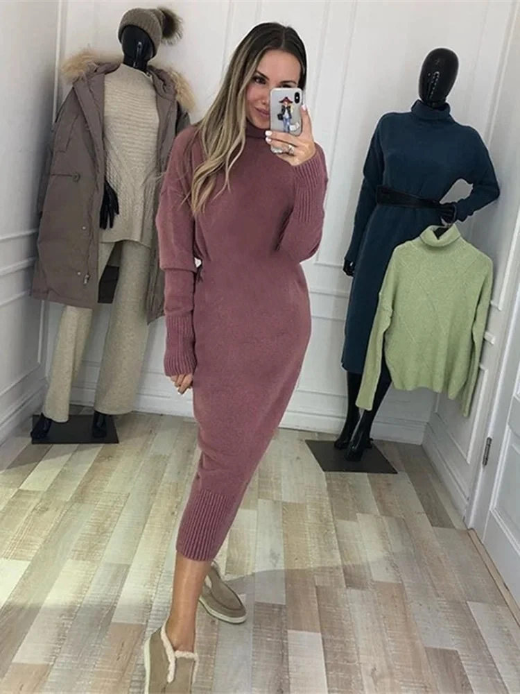 

TAOVK Winter Knitted Pullover Dress Solid Color Turtleneck Trendy Minimalist Army Green And Pink Knit Dresses
