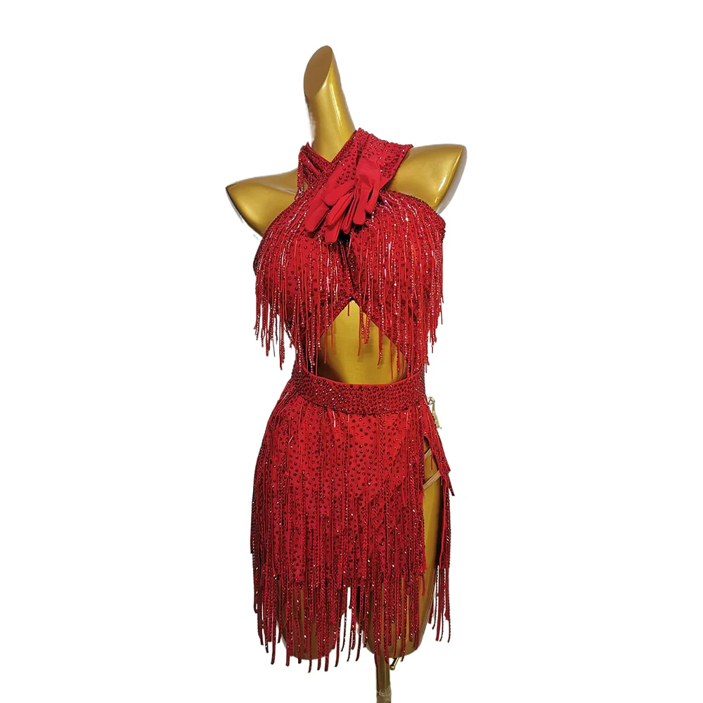 

Latin Dance Dress High-end Customized Solid Color Cross Hanging Neck Tassels Cha Tango Female Adult Stage Professional Clothing