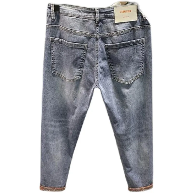 Spring and Summer New Mens Jeans High End Trendy Brand Printed Micro Harlan Feet Pants Korean Version Trendy Crop Pants for Men