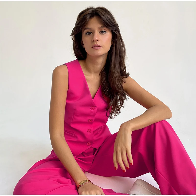 Loose Casual Fuchsia Waistcoat Trousers 2 Piece Set Sleeveless Vest Wide Leg Pants Women's Suit 2023 Temperament Commuting Sets