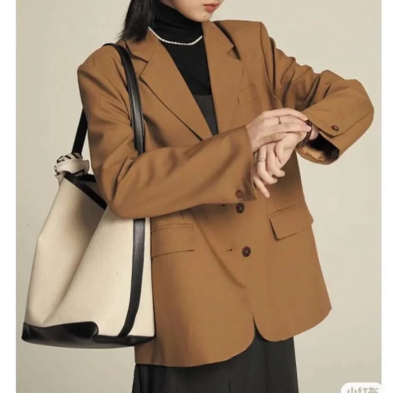 

Женский свободный однобортный Блейзер, подиумная Классическая куртка с отложным воротником, коричневого цвета, Y2K, Осень-зима 23