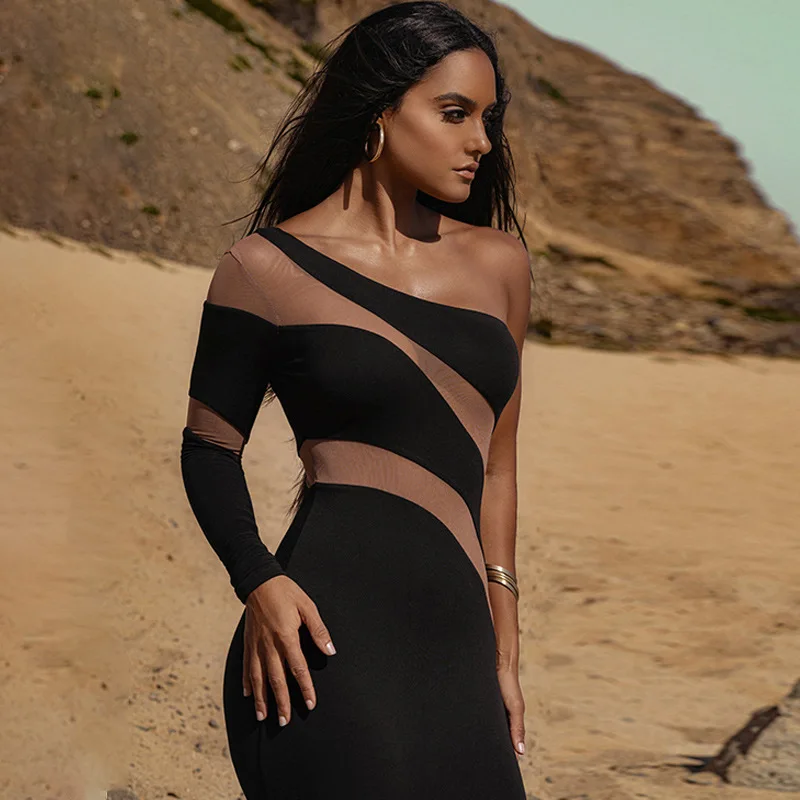 

One Shoulder Mesh Sheer Midi Dress for Women Party Club Elegant Dresses Autumn Fashion Dress