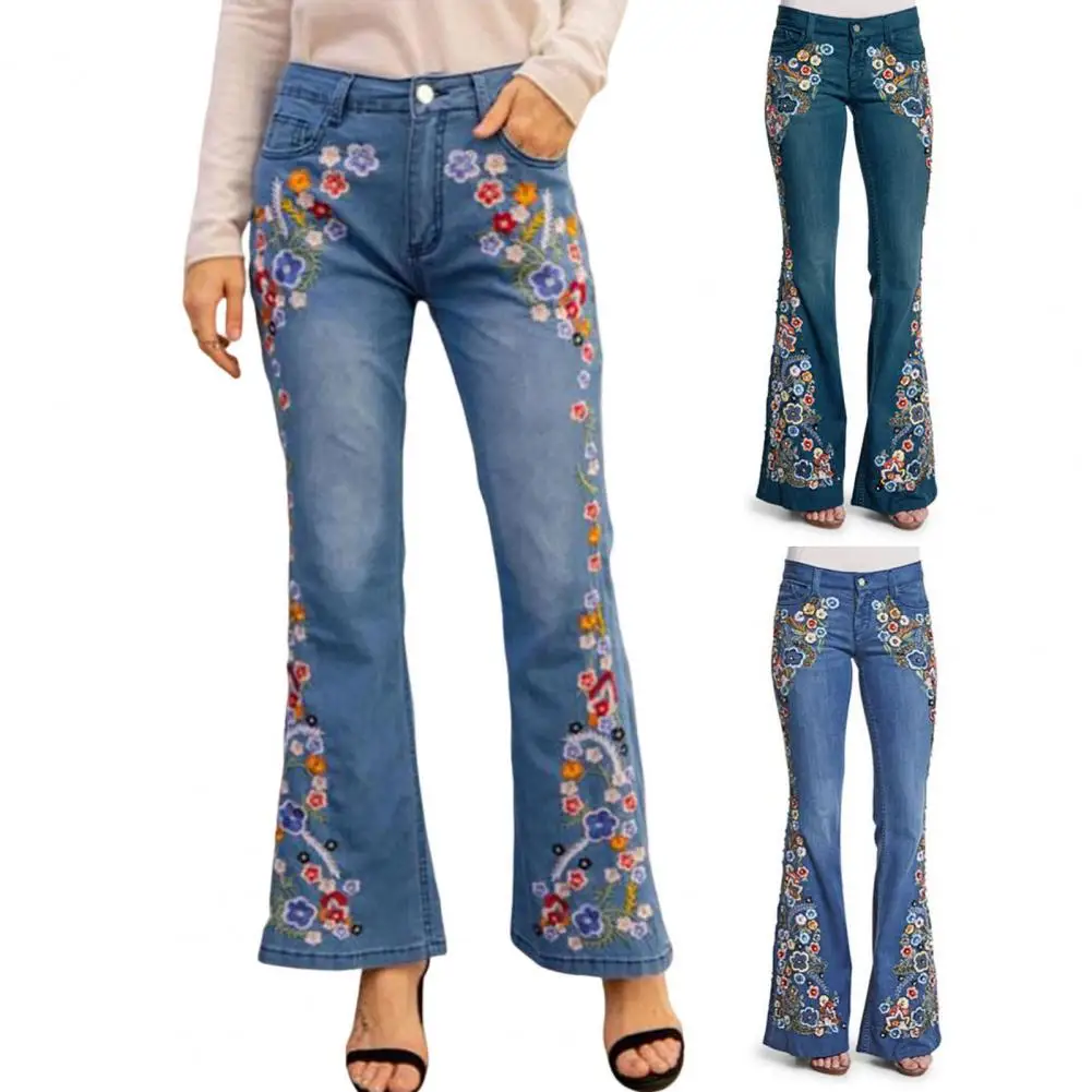

Fashion Women Flare Jeans Washed Flower Embroidered Long Slim High Waist Vintage Bell-bottomed Pant Denim Trouser Female Clothes