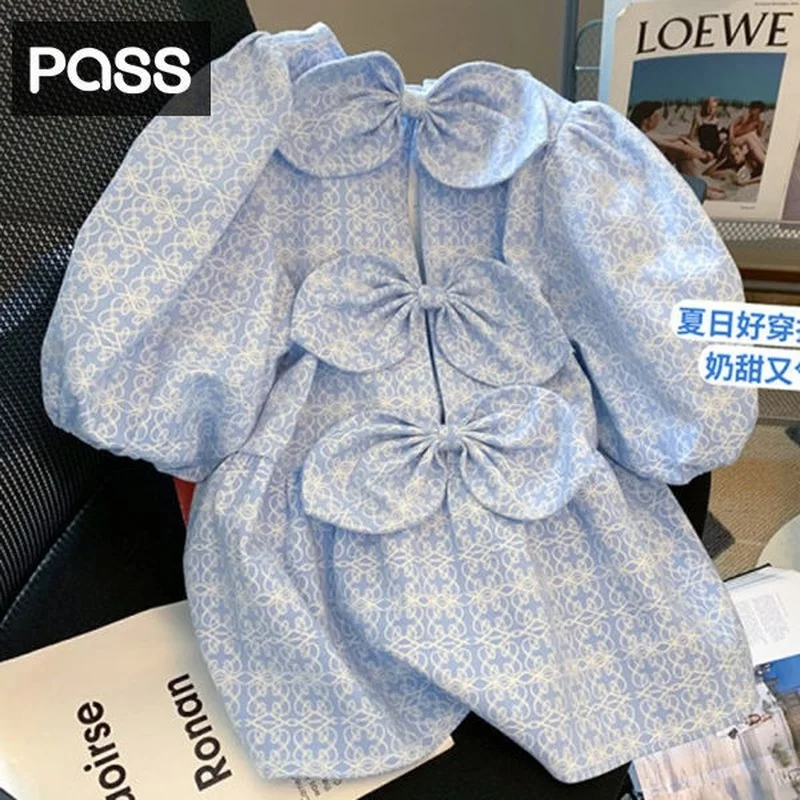 

Женская винтажная блузка с круглым вырезом, голубая рубашка с бантом и коротким рукавом-фонариком, в японском стиле, лето 2022