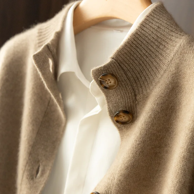 

Autumn and Winter 100% Wool Cashmere Sweater Women's Self-Cultivation Half High Neck Cardigan Warm Knitted Sweater Women