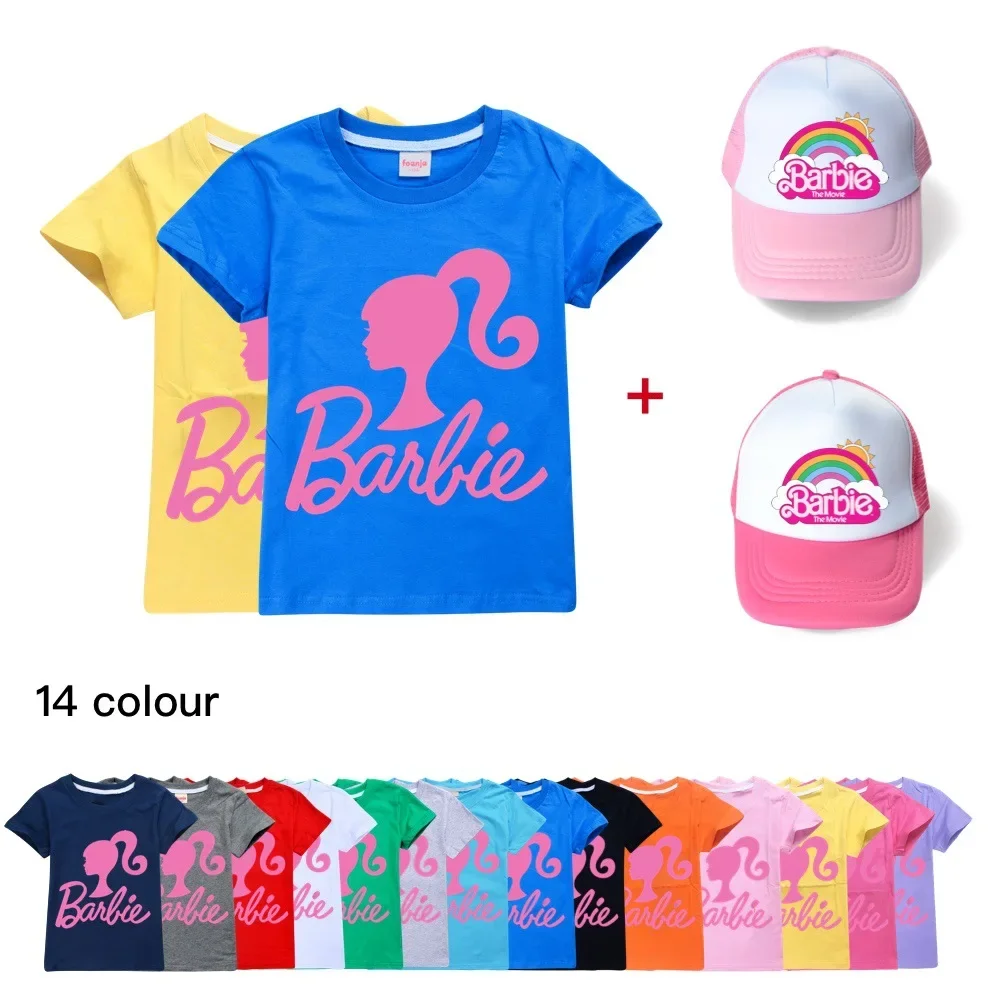 

2PC MINISO Barbie The Movie Children's Clothing Short-sleeved T-shirt + Hat The Best Gift Clothes Girls From 2 To 7 Years，