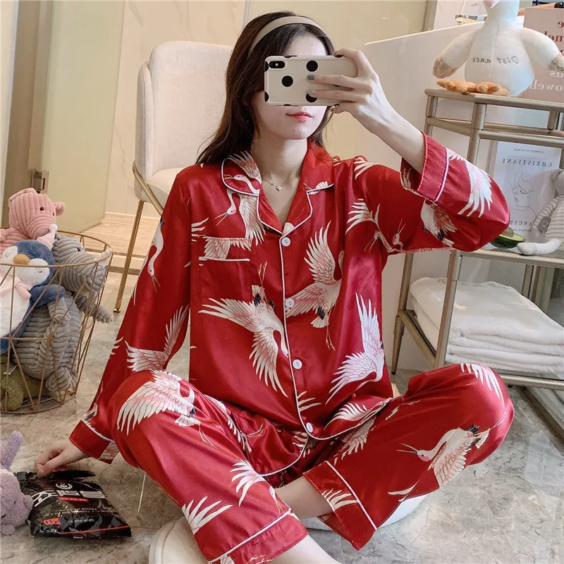 Stain Silk Pajamas Two Piece Set for Women Print Loungewear Lapel Long Sleeve Single-breasted Cardigan Trousers Women Nightwear