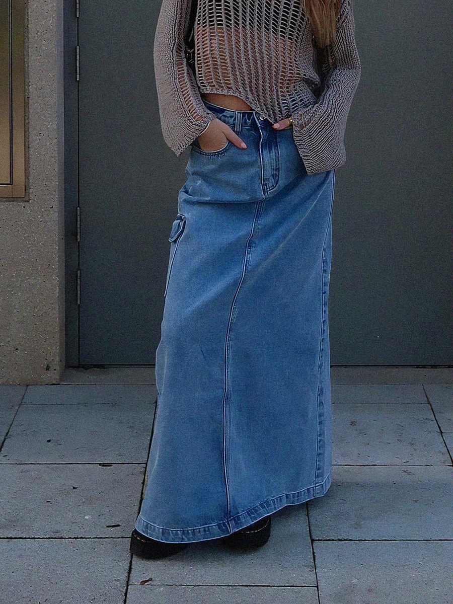 

High Waist Denim Skirt 2023 Spring Pocket Patchwork Buttons Slit Ladies Cargo Skirts Elegant Casual Long Jupes Woman Clothing