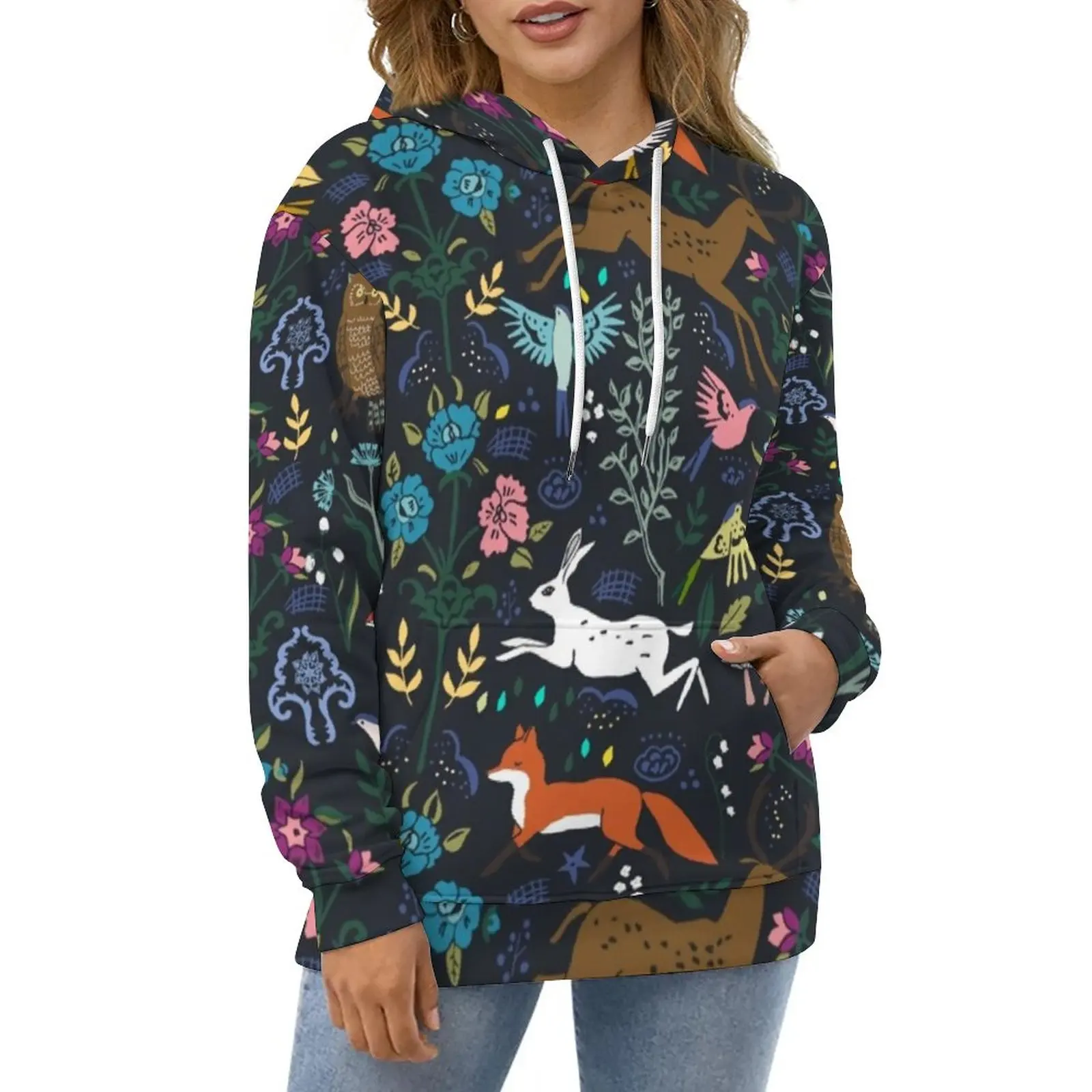 

Mystic Forest Hoodies Long Sleeve Woodland Fox Print Elegant Casual Hoodie Winter Streetwear Oversized Loose Hooded Sweatshirts