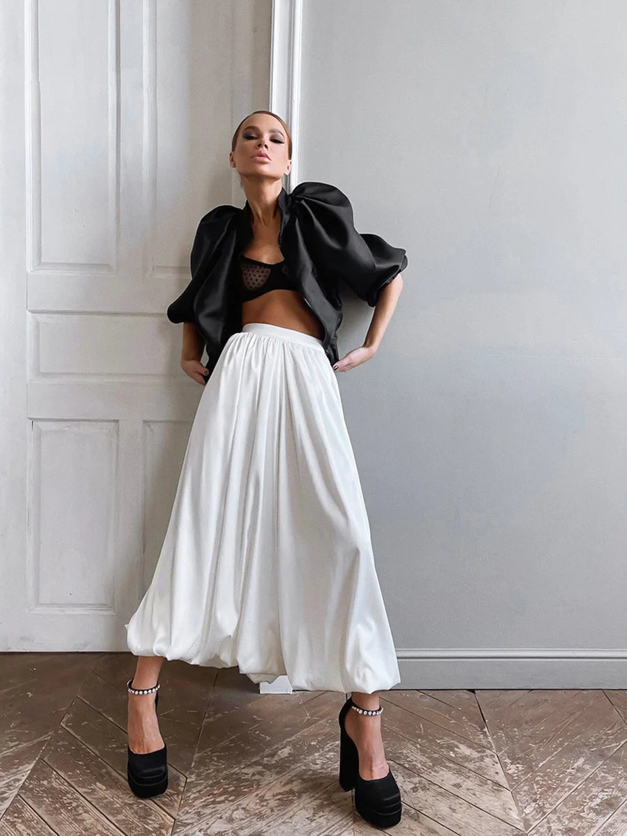 

Spring Summer Elegant White Skirt High Waist Ball Gown Women Midi Skirts Pleated A-Line Loose Female Fashion 2023 New