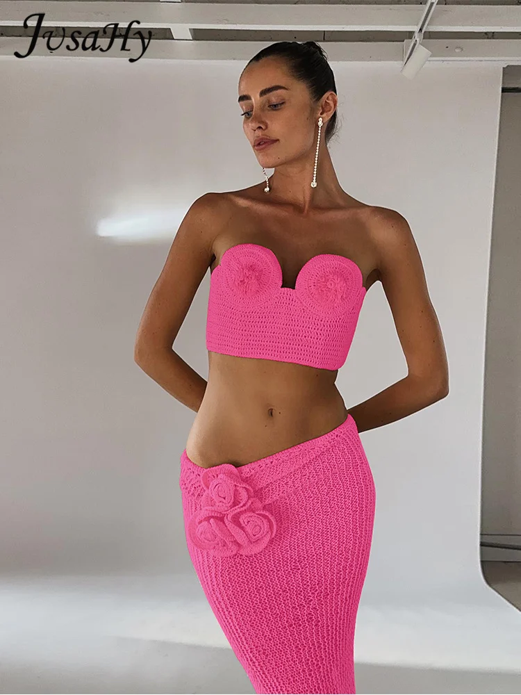 

JusaHy Women New Y2K Sweet Knitted Hollow Out Hot Two Pieces Sets Chest Wrapping Skinny Tube Vest Tops&A-Line Chic Long Skirt