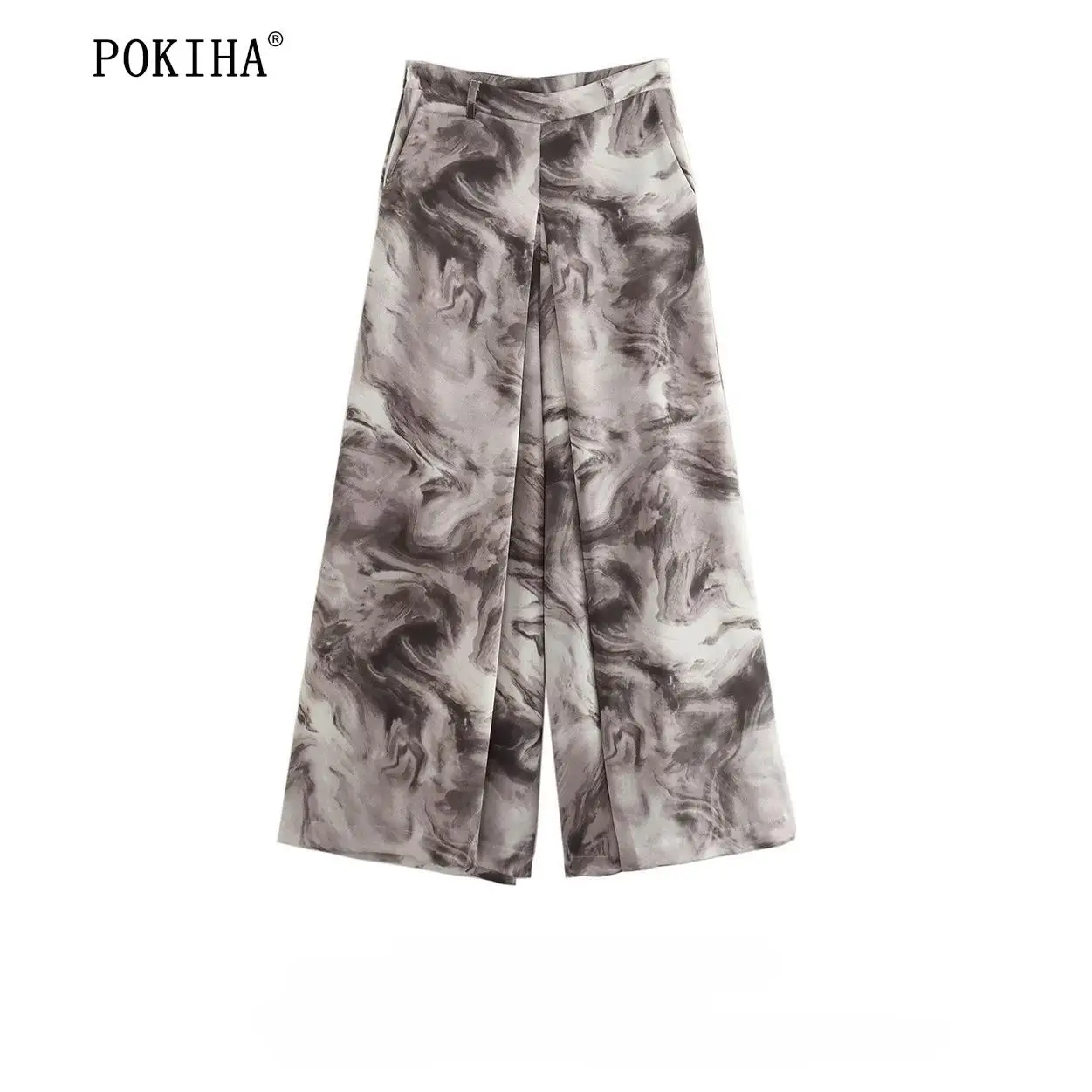 

Pokiha 2023 New Fashion Women Tie-dye Print Wide Leg Pants Vintage Side Pockets Casual High Waist Chic Fly Female Trousers Mujer