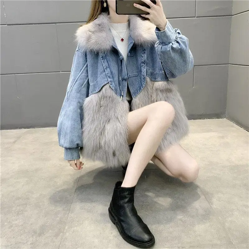 New Winter Faux Fur Coat Women's Basic Sweet Fox Fur Collar Denim Jackets Overcoat Thick Warm Bomber Female Jeans Jacket Tops