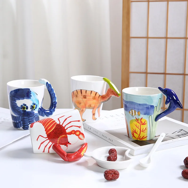 

400ml Ceramic 3D Dinosaur Cup Mug Marine Hand Painted Animals Mug Whale Dolphin Coffee Milk Tea Children Mug Birthday Gift