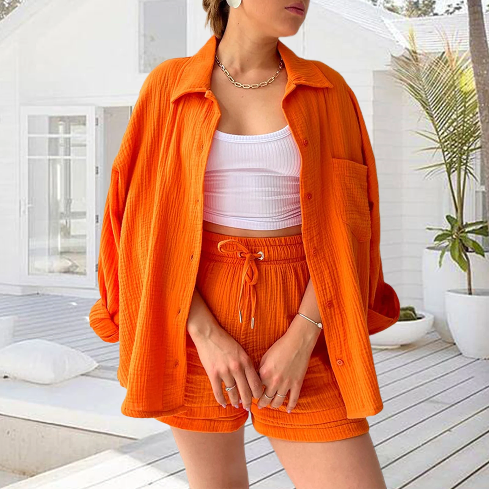

Топ женский с длинным рукавом и шорты, повседневная хлопковая рубашка с поясом на резинке, короткие брюки, однобортный наряд с отложным воротником и V-образным вырезом