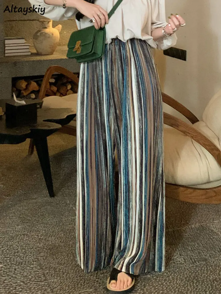 

Брюки женские плиссированные в полоску, винтажные Повседневные Удобные свободные штаны с завышенной талией, в Корейском стиле, в стиле Харадзюку, весна