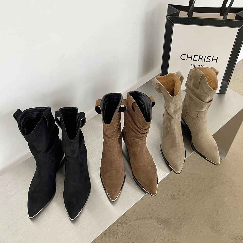 

Fashion Women Mid Calf Western Boots Flat Mid Heels Snow Booties Soft Sole Black Beige Brown Party Pumps Pointed Toe Booties 39