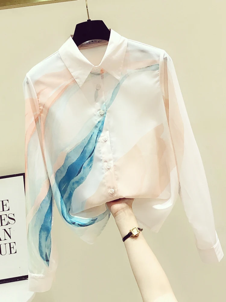 

2021 Autumn New Fashion Temperament Blouse Female Lapel Long-sleeved Thin Blusa All-match Printed Shirt DK1413
