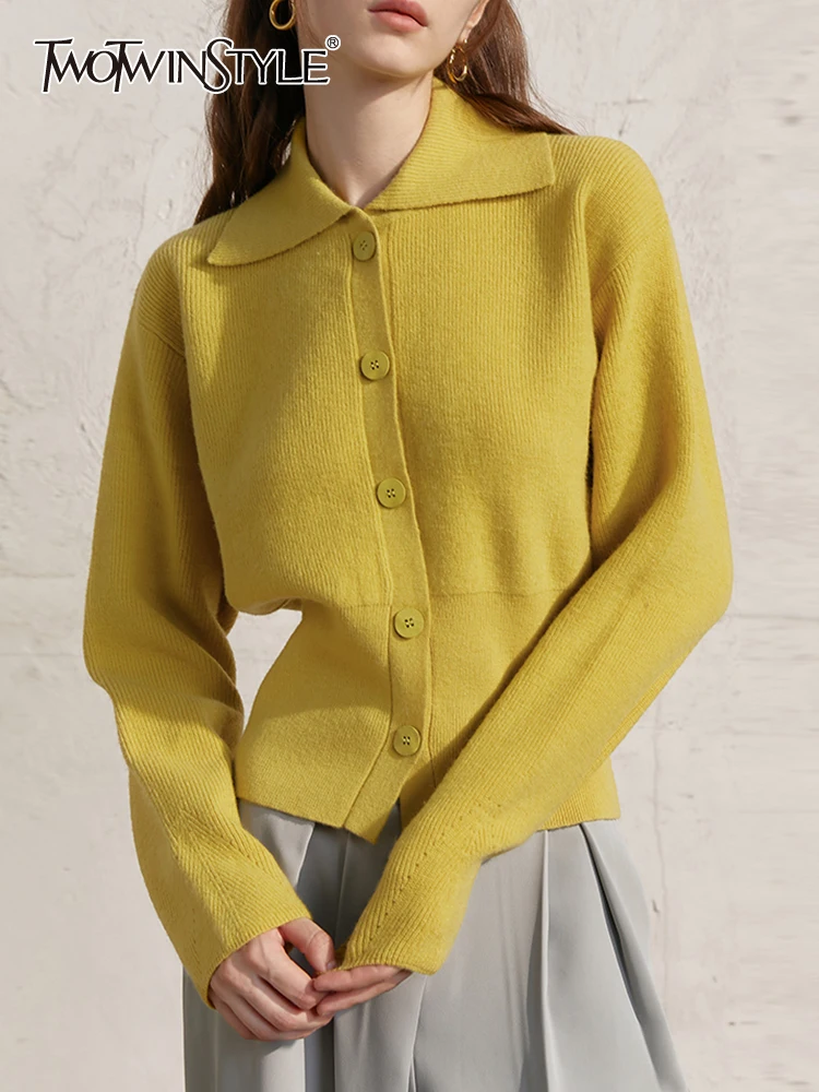

TWOTWINSTYLE Slim Solid Minimalsit Sweater For Women Lapel Long Sleeve Single Breasted Knitting Casual Cardigan Female Clothing