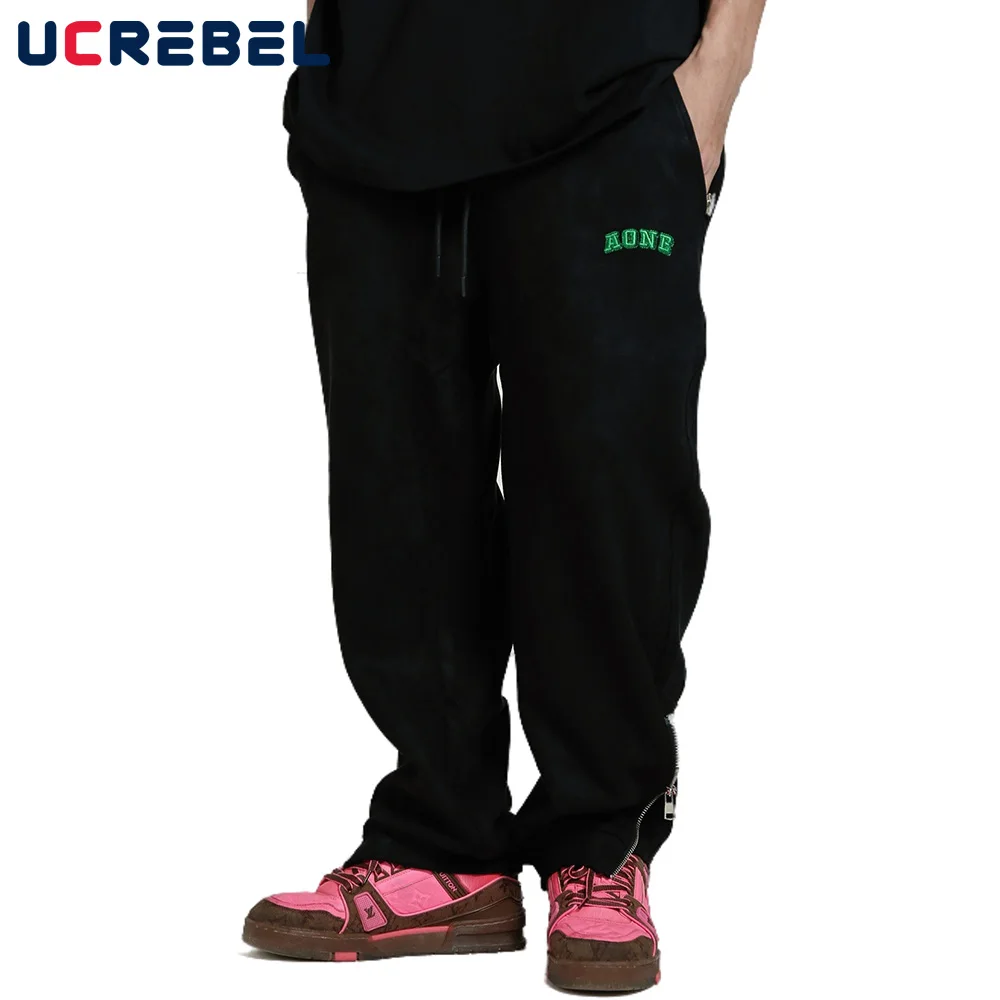 

Letter Embroidery Sweatpants Mens Streetwear Side Zipper Casual Pants Simple Drawstring Elastic Waist Loose Straight-leg Pants