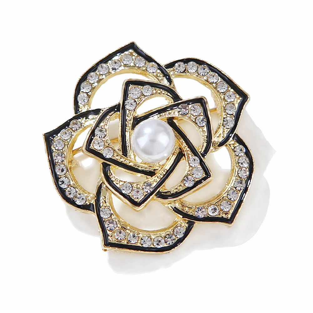 

Luxury Crystal 5 Pearls Camellia Brooches for Women Vintage Inlaid Rhinestone Flower Broach Pins Charm Jewelry