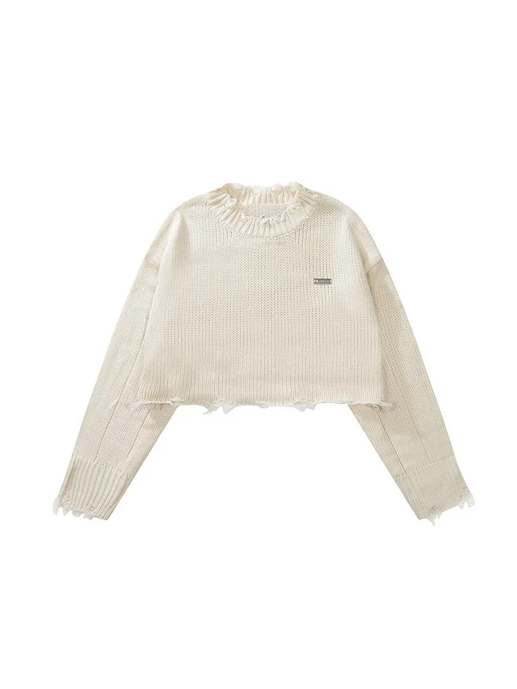 

2023 Spring Summer Korean Fashion Women Crop Tops Long Sleeve O-Neck Sweater Solid Color Knitwear Streetwear Loose Casual Tide