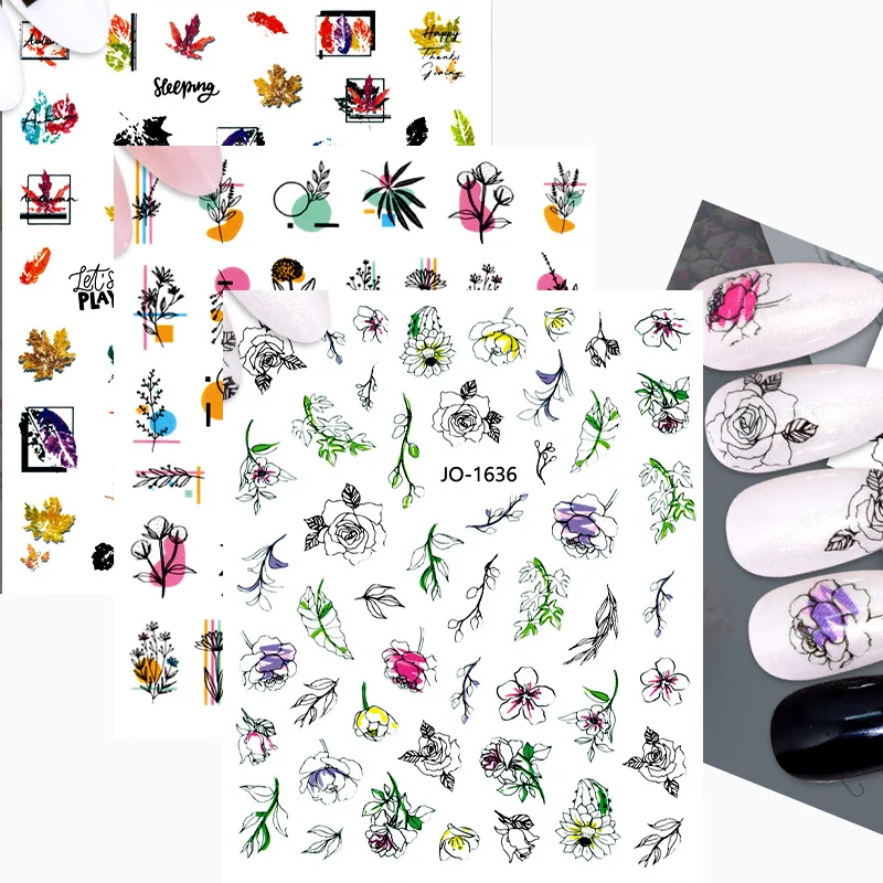 

3D Nail Stickers Back Glue Nail Stickers Colorful flowers and leaves abstract Nail Decal Stickers For Nail Tips Beauty