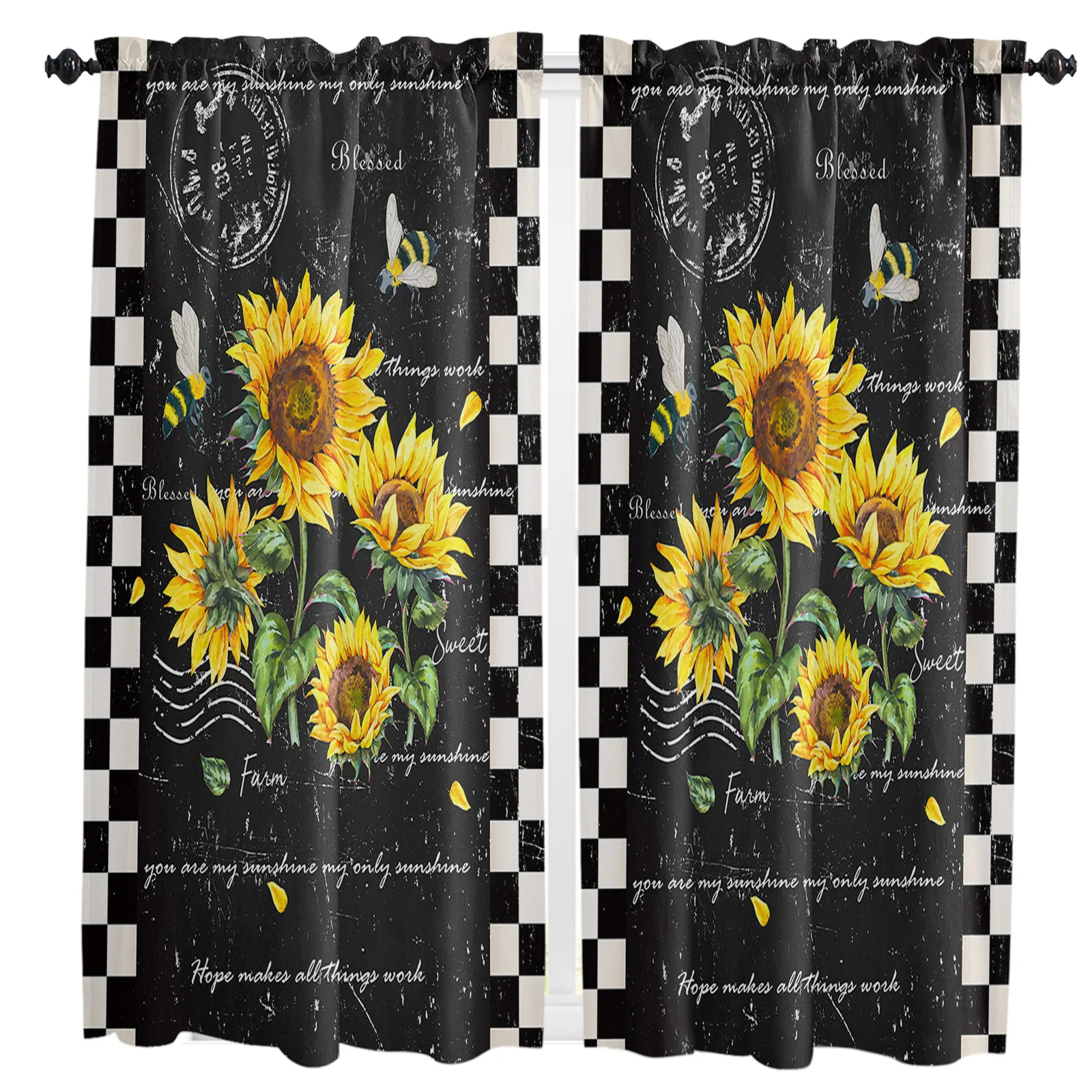

Farm Retro Sunflower Bee Black White Curtain Home Decoration Living Room Short Curtains Window Treatments For Kitchen Bedroom