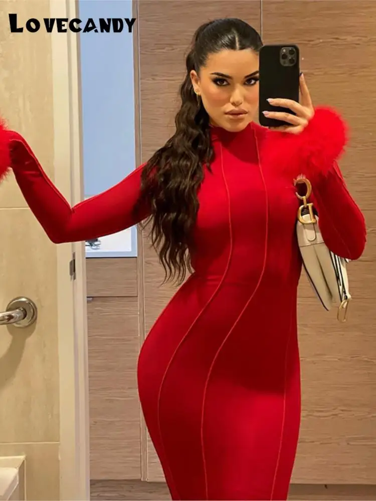 

Women's Slim Backless Long Dress Elegant Cuff Feather Bodycon Dresses 2023 Fashion Off Shoulder Lady Party Evening Dress