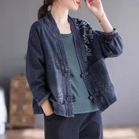 womens retro embroidered denim short jacket autumn loose top cardigan disc buckle designer korean fashion female denim jacket