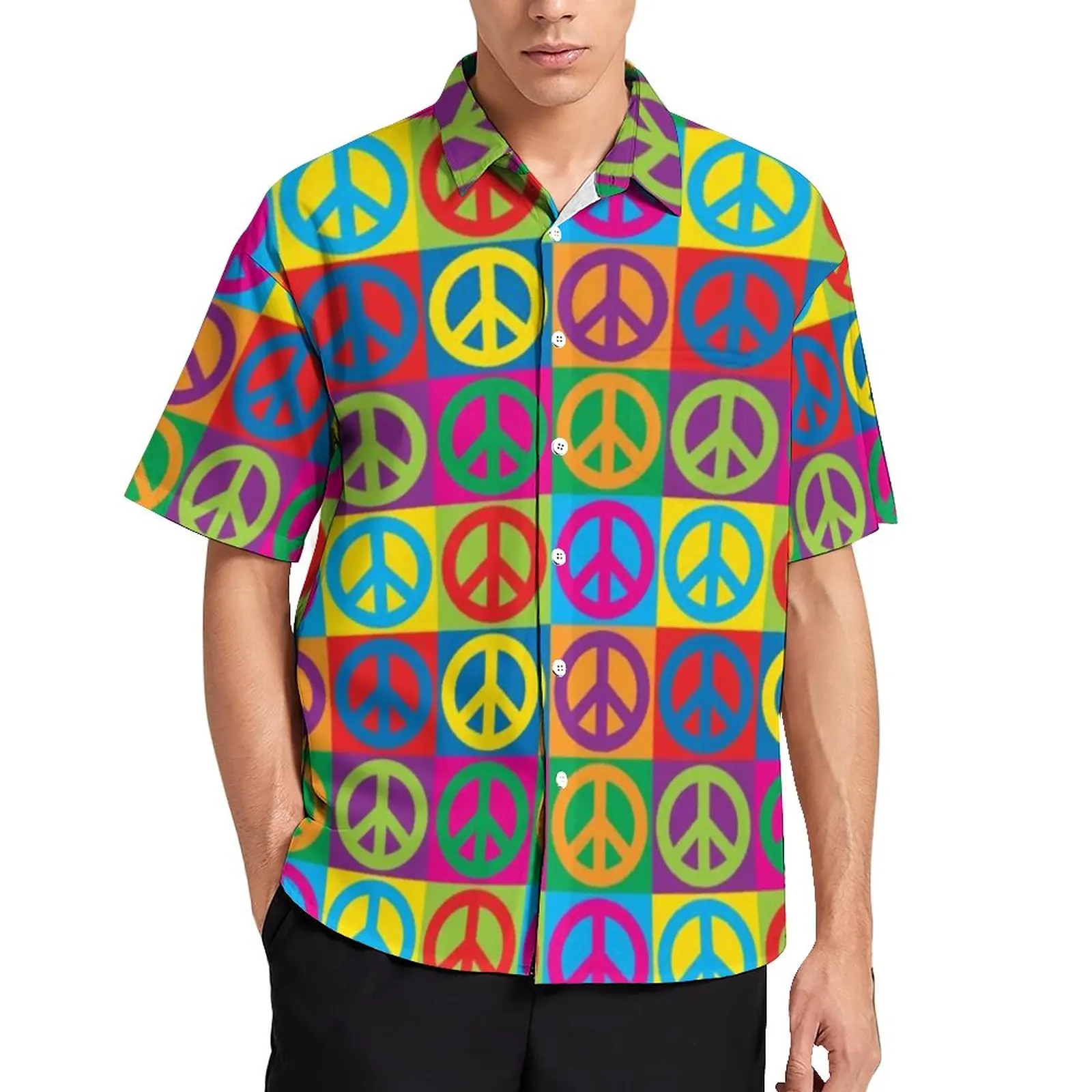 

Peace Symbols Loose Shirt Man Beach Colorful Pop Art Casual Shirts Summer Graphic Short Sleeve Vintage Oversize Blouses