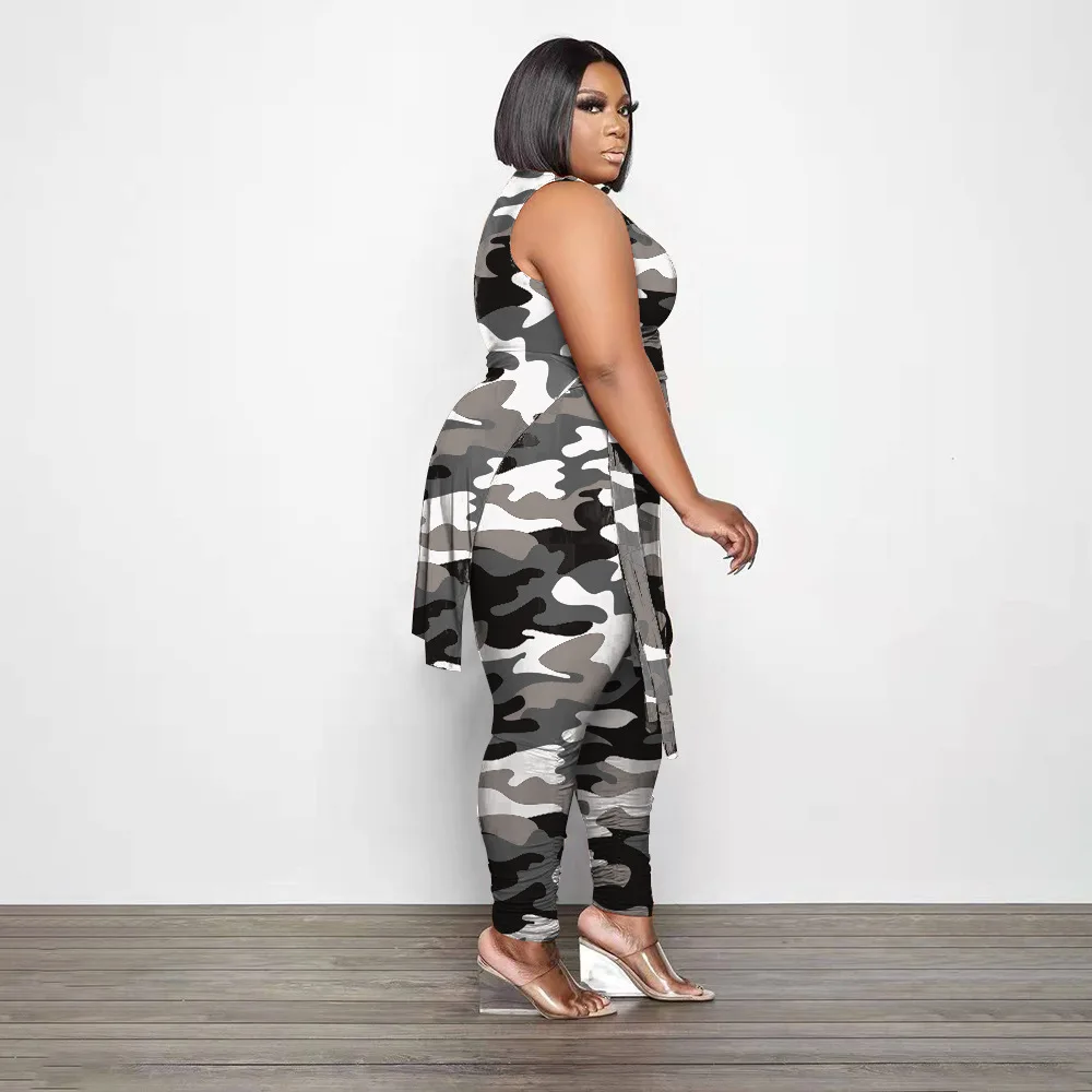 Plus Size Women Long Shirt And Pants Fashion Two Piece Sets Sleeveless Crop Top Camo Print Tracksuit Sexy Female Wholesale