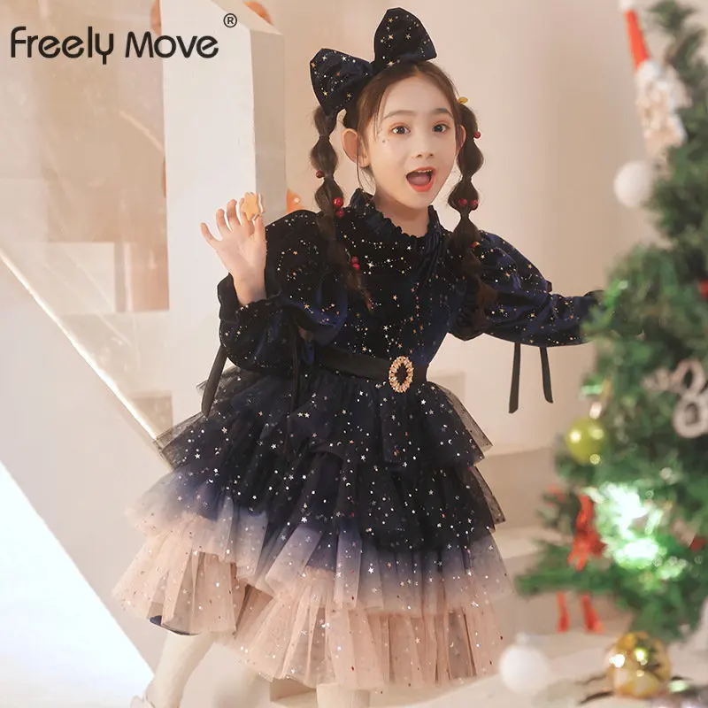 

Freely Move Girls Princess Dresses Lace Children Spring Clothing 2-7 Yrs Long Sleeve Baby Casual Dress Kids Birthday Party Dress
