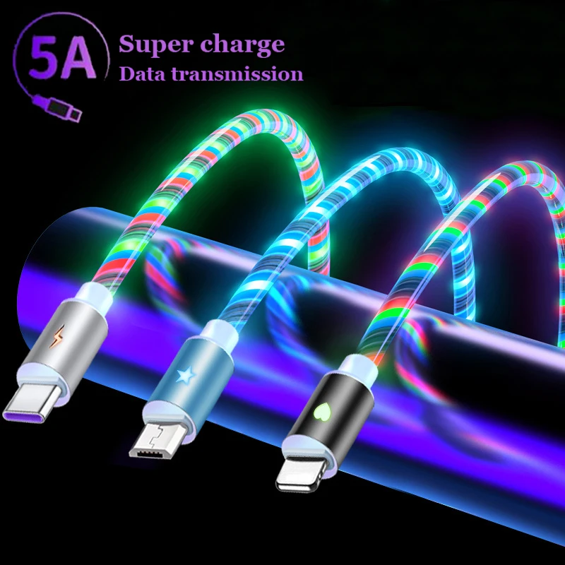 

1M 2M Flowing Streamer Light LED Cable 5A Fast Charging Cable Micro USB Type C High Speed Data Transfer Cable For iPhone Xiaomi