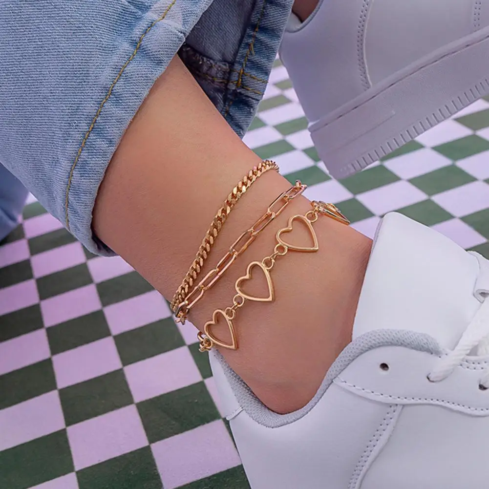 

3Pcs Ankle Chains Multilayer Accessories Heart Hip Hop Cut-out Foot Bracelets Women Anklets Foot Jewelry