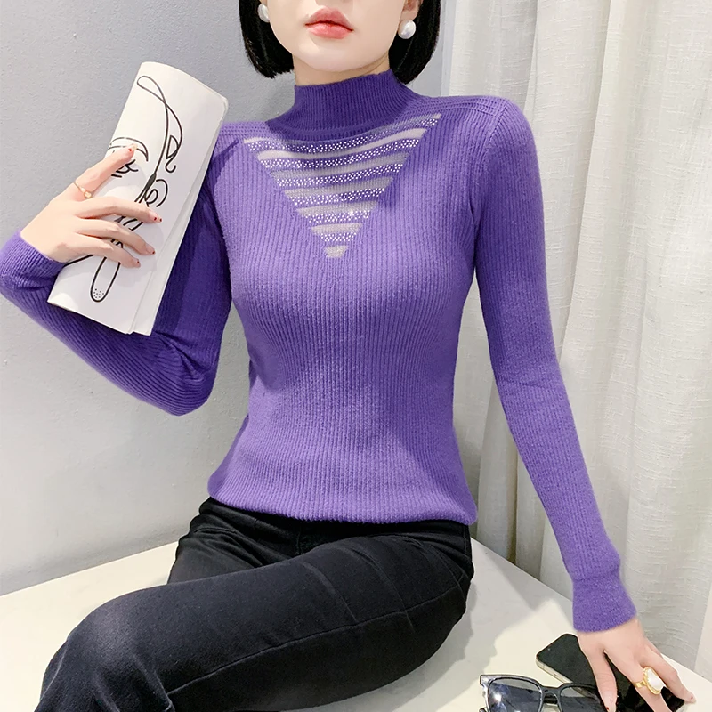 # 4937 черный фиолетовый вязаный свитер женский сетчатый с разрезом бриллианты