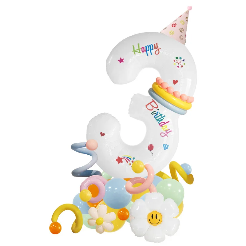 

40inch White Number Balloon Column Set Happy Birthday Sticker Smile Face Daisy Foil Balloon Children's Birthday Party Decoration