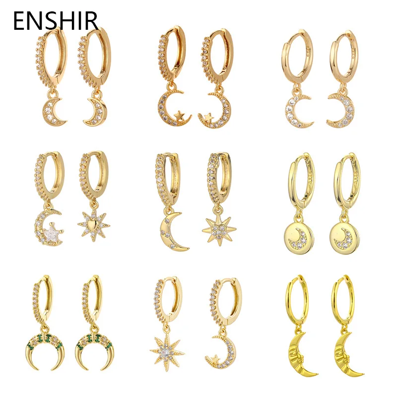 

ENSHIR Gold Color Moon Hoop Huggie Earrings for Women Cubic Zircon Pendant Earrings Jewelry Gifts Wholesale