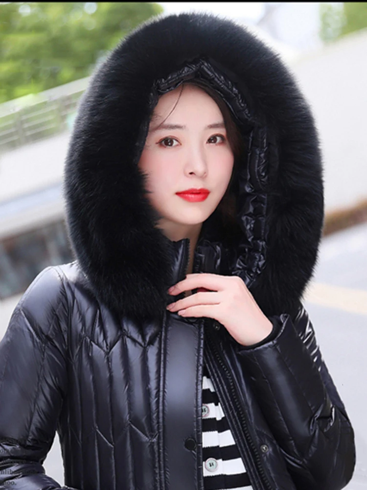 New Women Dress-style Down Coat Winter Fashion Real Fox Fur Collar Lengthened Thicken Down Jacket Detachable Hooded Overcoat
