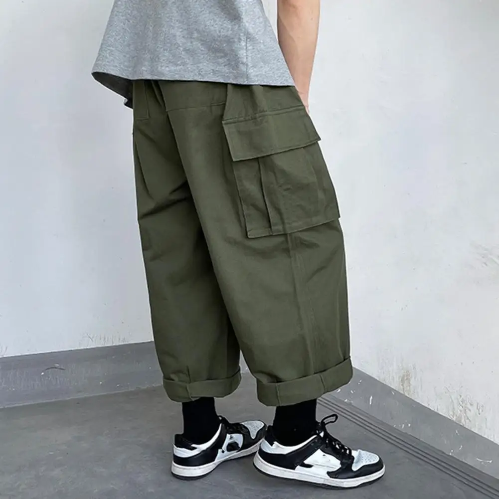 

Casual Long Trousers Versatile Men's Streetwear Elastic Waist Cargo Pants with Multi Pockets Straight Wide Leg Design for Casual